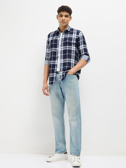 Indigo Blue Checked Casual Shirt With Two Pockets