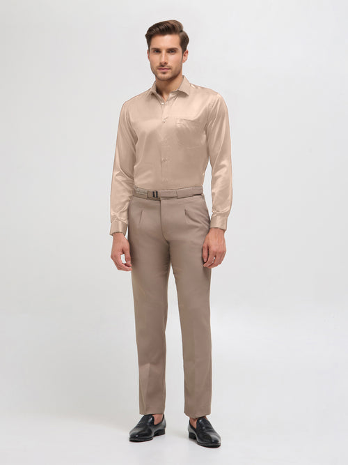 Cream Khaki Solid Satin Formal Shirt