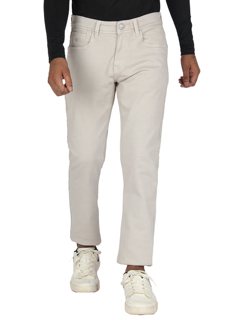 Cream Denim Cotton Stretch Solid Trousers