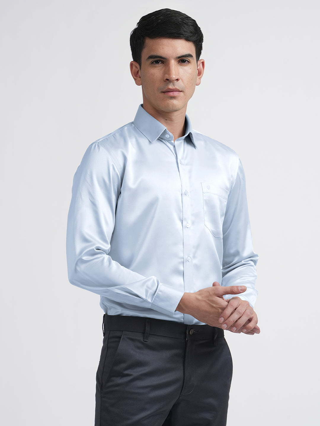 light blue satin shirt