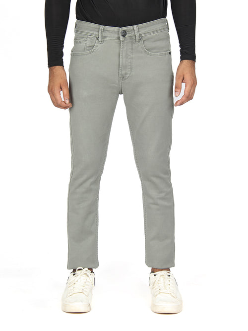 Light Olive Denim Cotton Stretch Solid Trousers