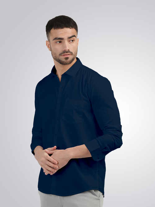 Navy Linen Blend Solid Shirt