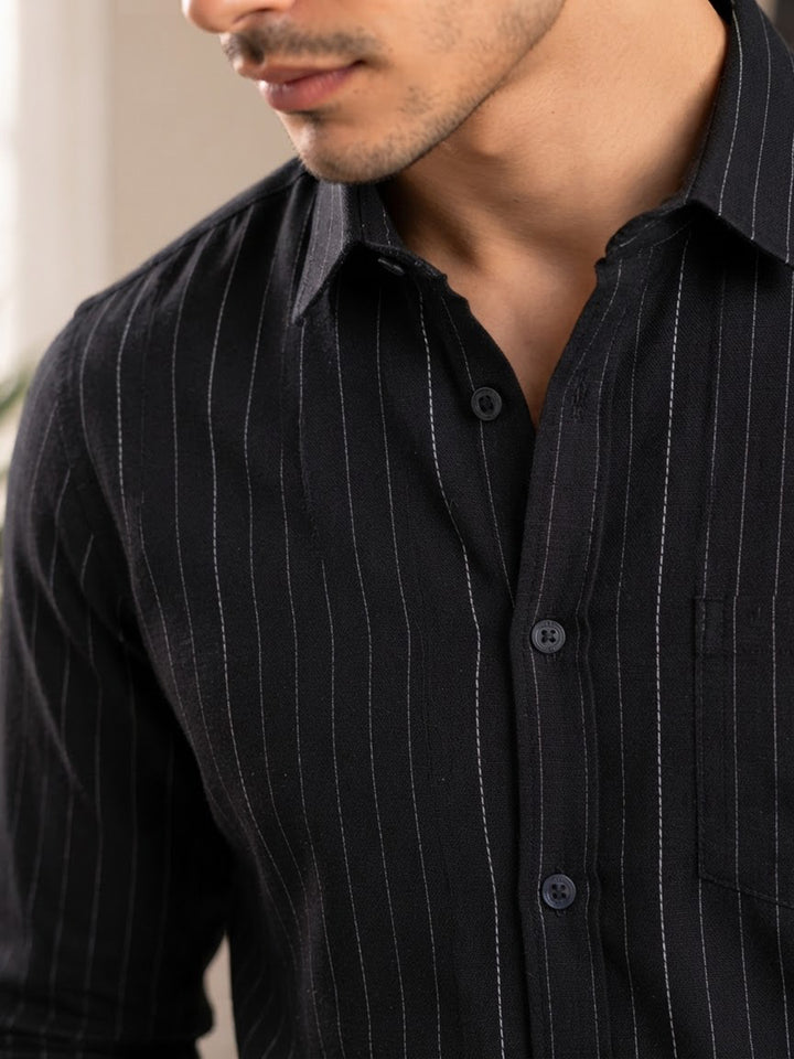 Carbon Black and White Embroid Vertical Stripes Casual Shirt