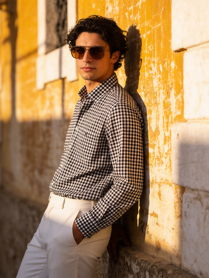 Pitch Black and White Checked Casual Shirt