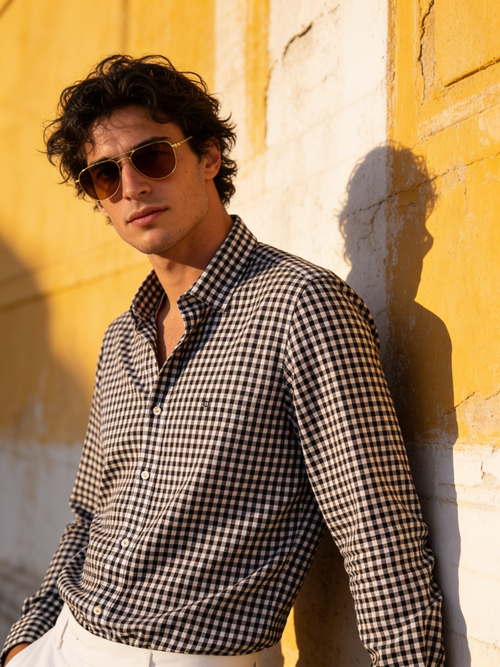 Pitch Black and White Checked Casual Shirt