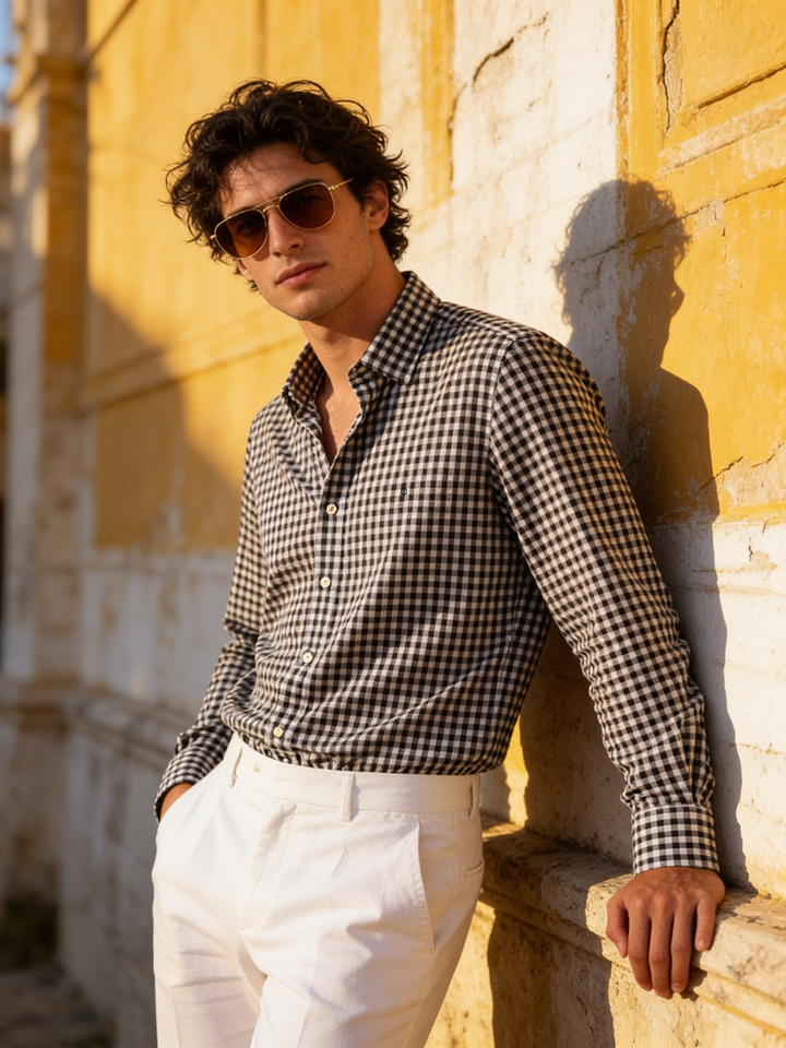 Pitch Black and White Checked Casual Shirt