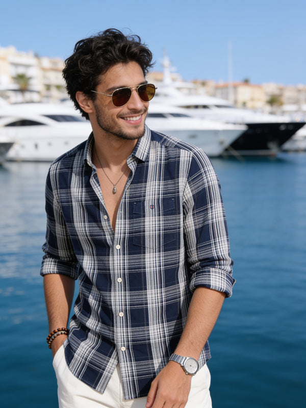 Frost Navy Blue Checked Casual Shirt