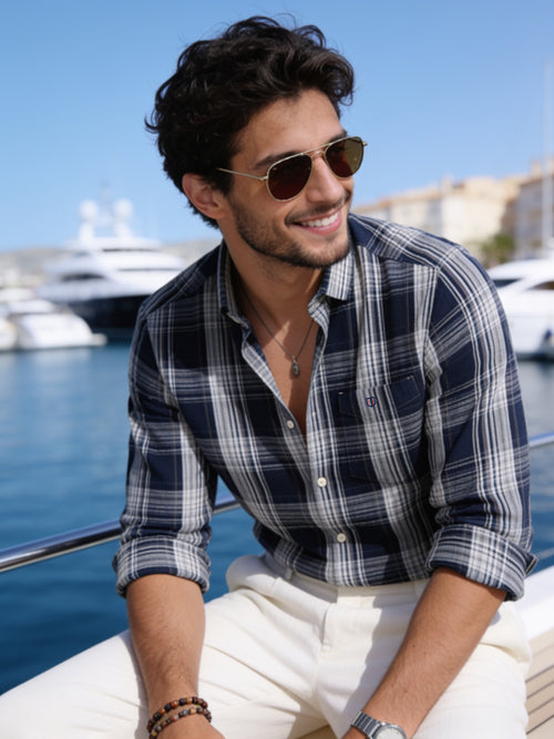 Frost Navy Blue Checked Casual Shirt