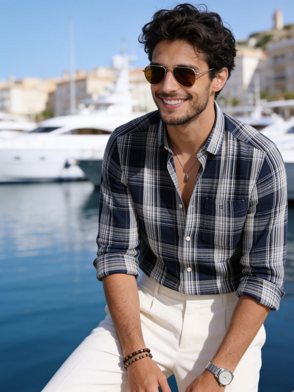 Frost Navy Blue Checked Casual Shirt