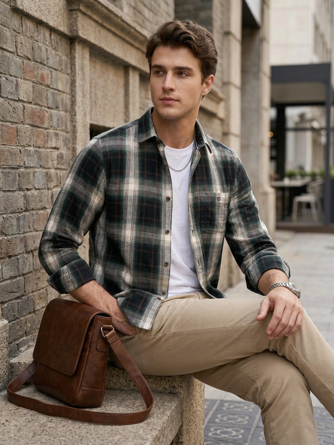 Charcoal Black and Cream Checked Casual Shirt