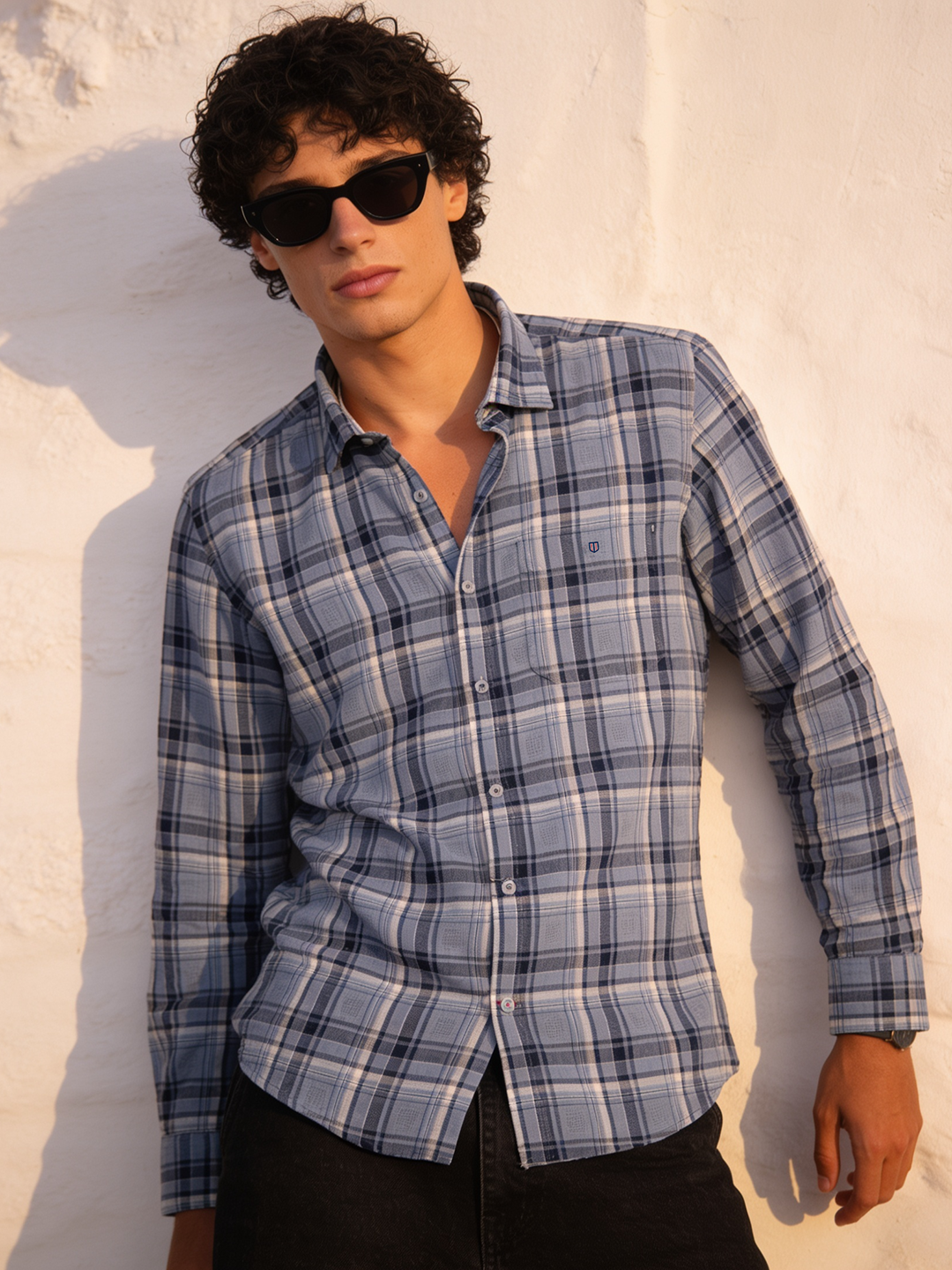 Pebble Blue Grey Checked Casual Shirt