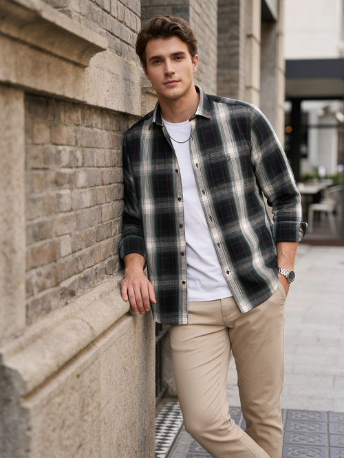 Charcoal Black and Cream Checked Casual Shirt
