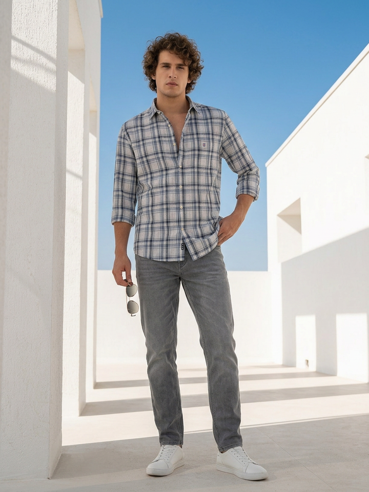Cloud Grey and Steel Blue Checked Casual Shirt