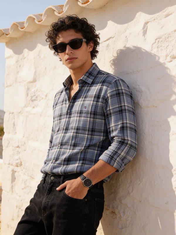 Pebble Blue Grey Checked Casual Shirt