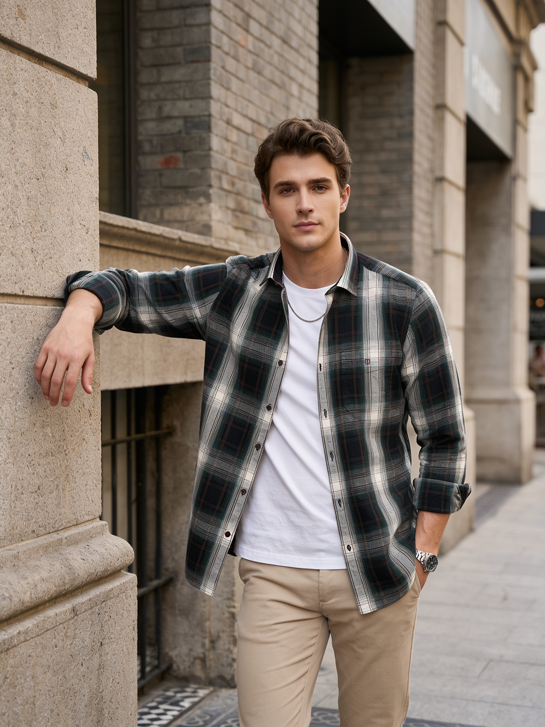 Charcoal Black and Cream Checked Casual Shirt