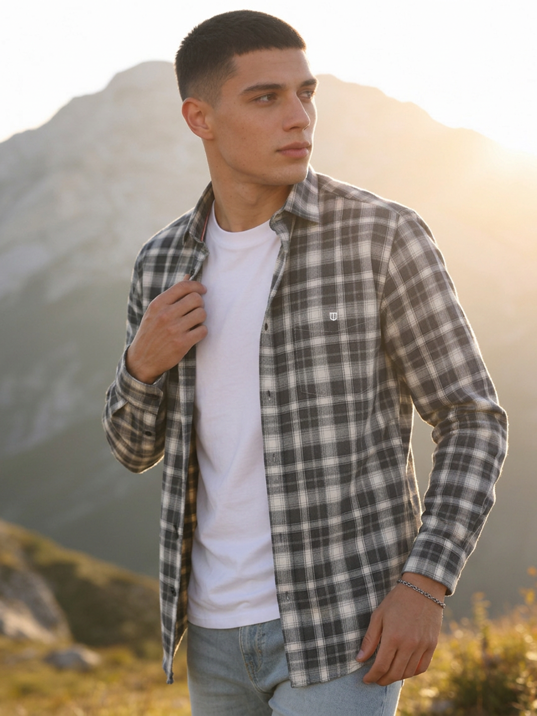 Ash Blue and White Checked Casual Shirt