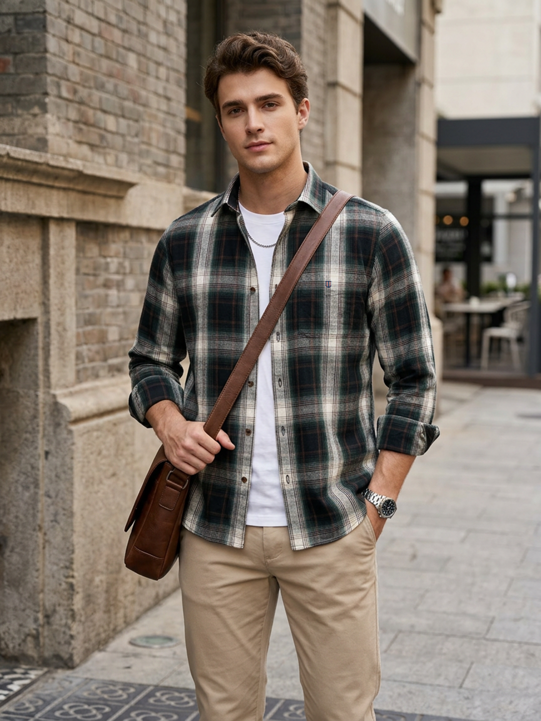 Charcoal Black and Cream Checked Casual Shirt