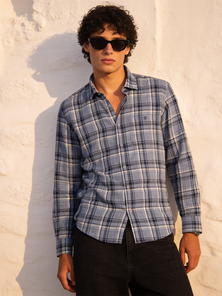 Pebble Blue Grey Checked Casual Shirt