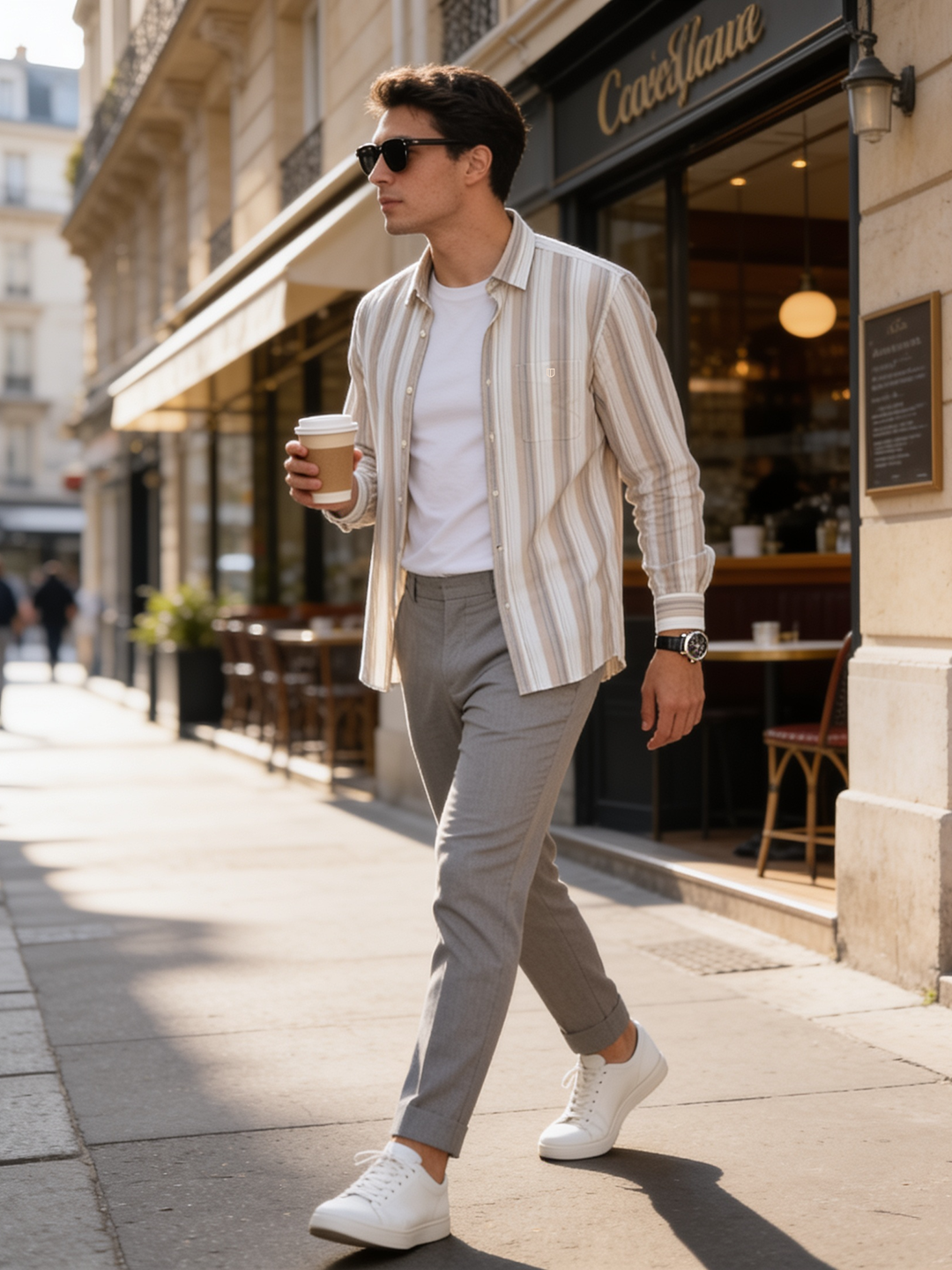 Cream Taupe Striped Casual Shirt
