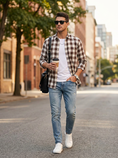 Saddle Brown and Ivory Checked Casual Shirt