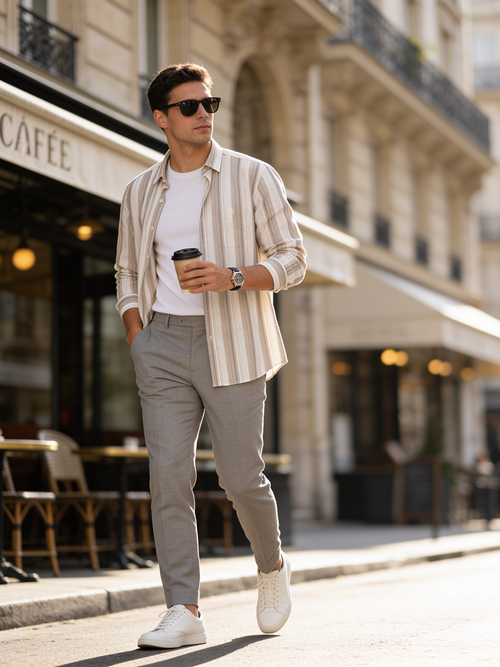Cream Taupe Striped Casual Shirt