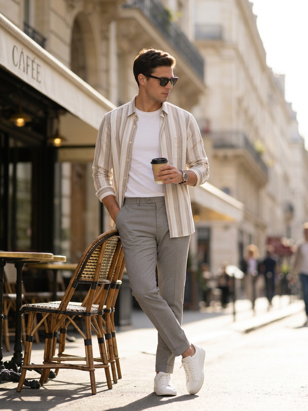 Cream Taupe Striped Casual Shirt