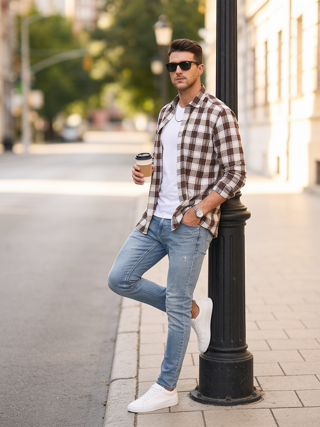 Saddle Brown and Ivory Checked Casual Shirt