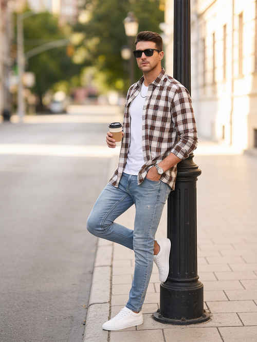 Saddle Brown and Ivory Checked Casual Shirt