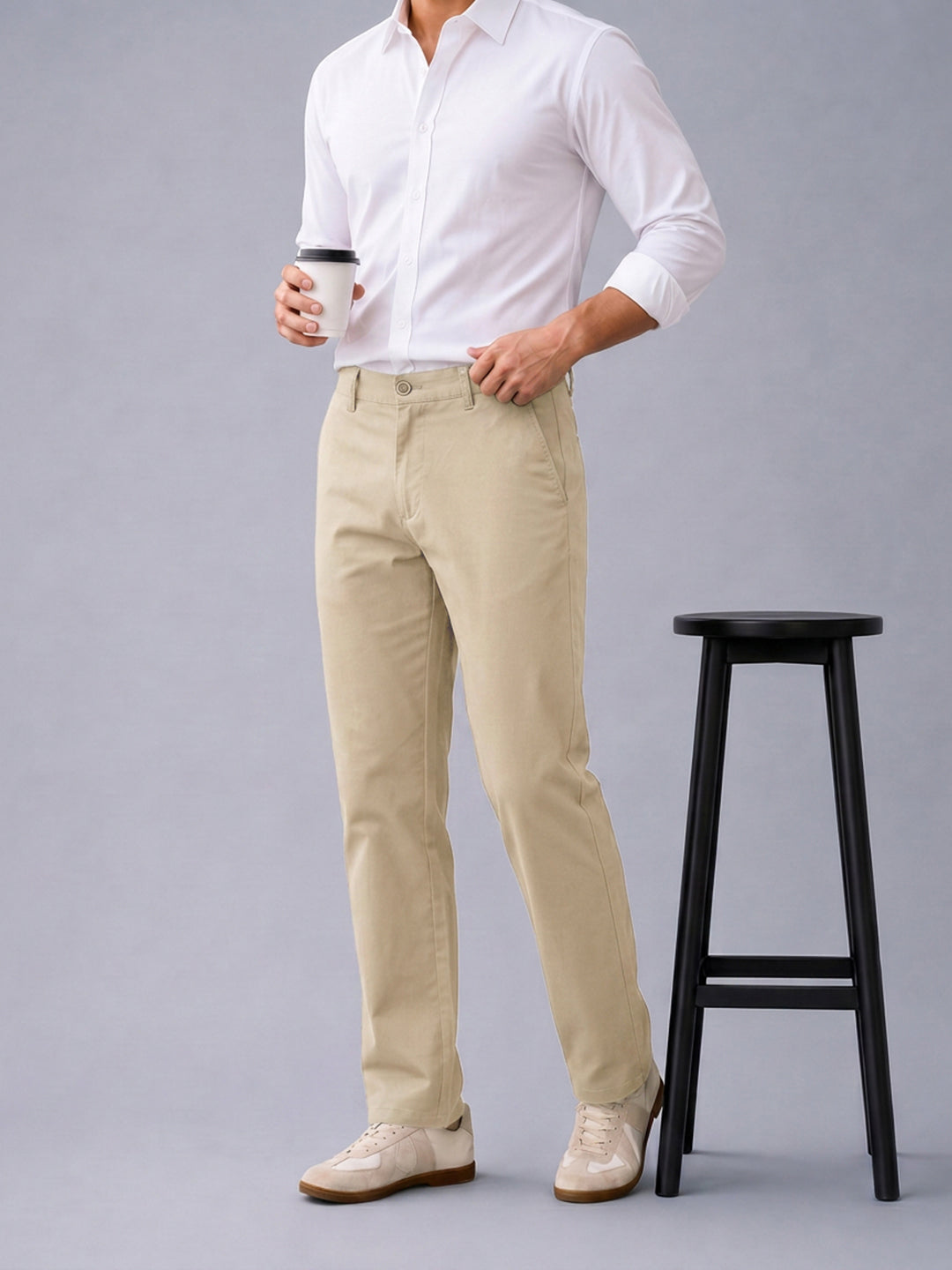 Dusty Beige Solid Casual Trousers