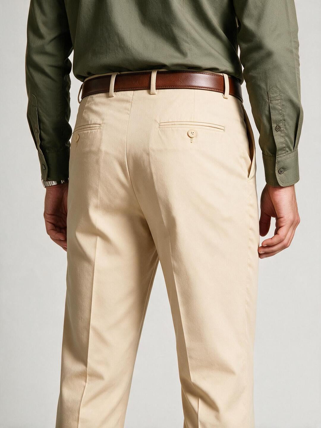 Ivory Beige Solid Formal Trousers
