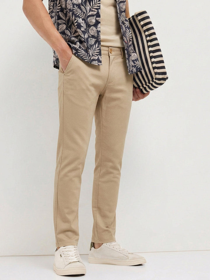 Cream Khaki Solid Casual Trousers