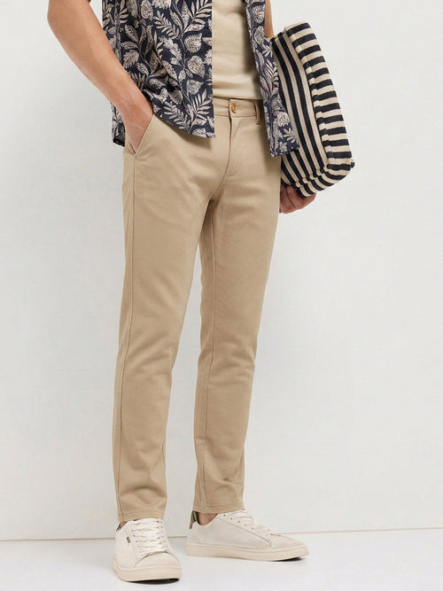 Cream Khaki Solid Casual Trousers