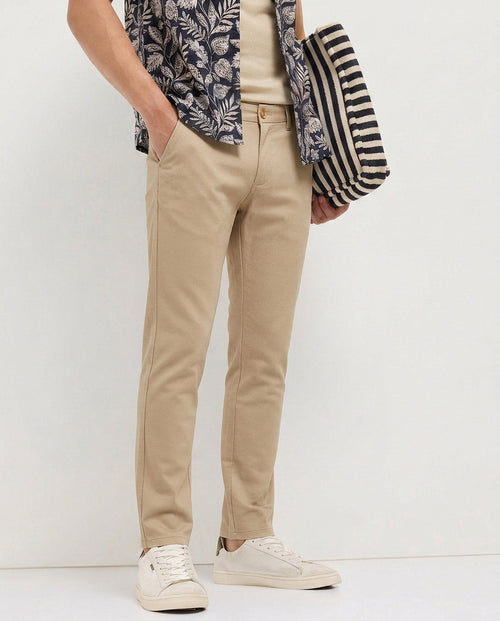 Cream Khaki Solid Casual Trousers