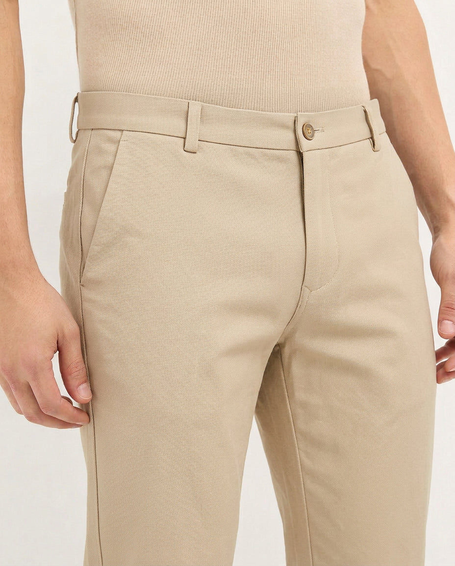 Cream Khaki Solid Casual Trousers
