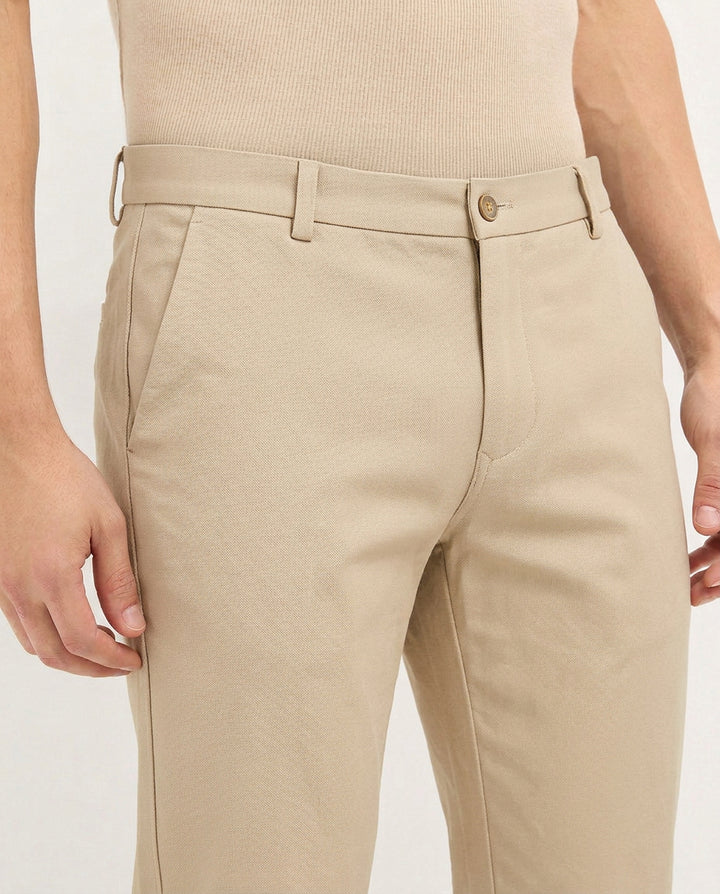 Cream Khaki Solid Casual Trousers