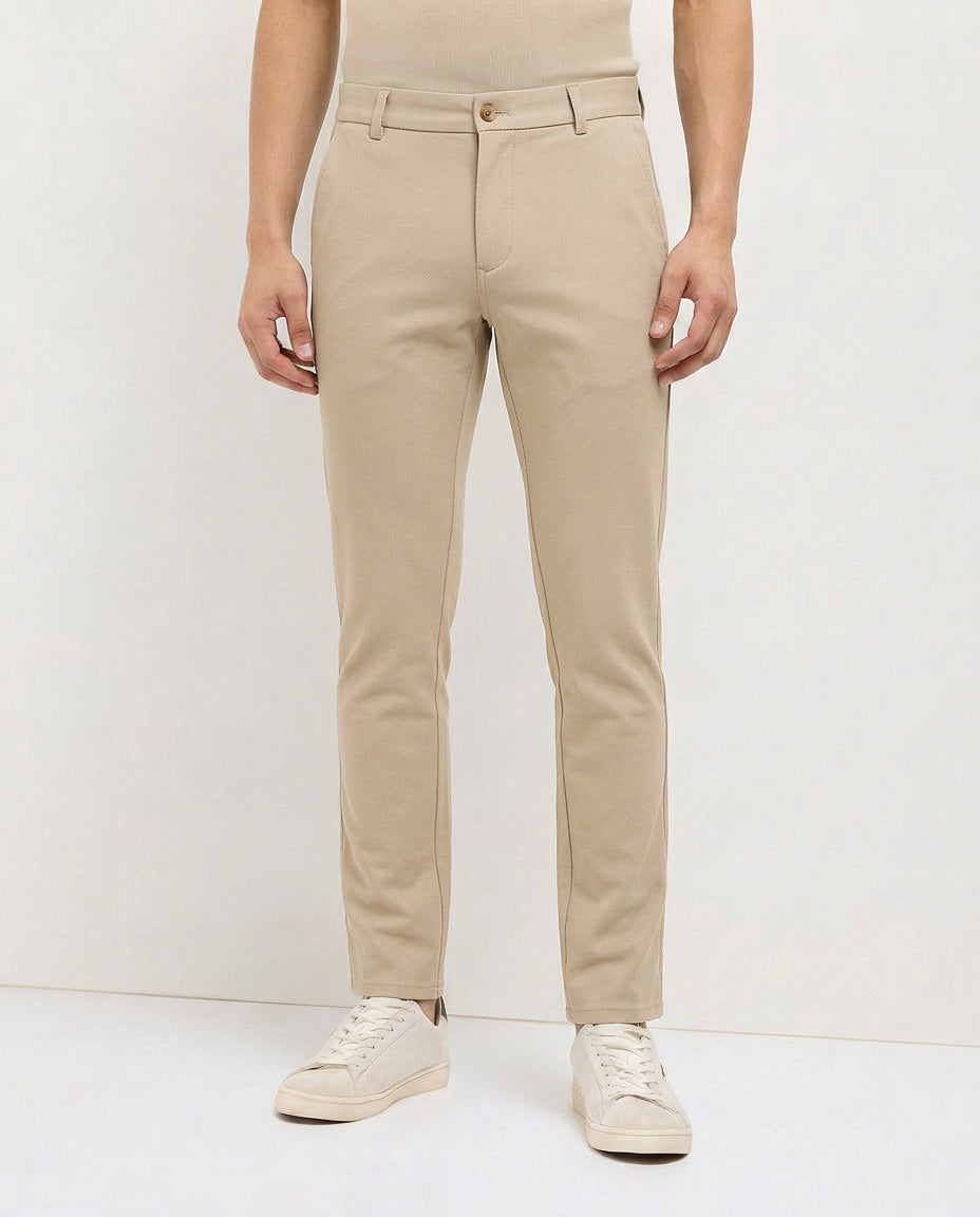 Cream Khaki Solid Casual Trousers