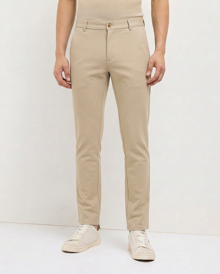Cream Khaki Solid Casual Trousers