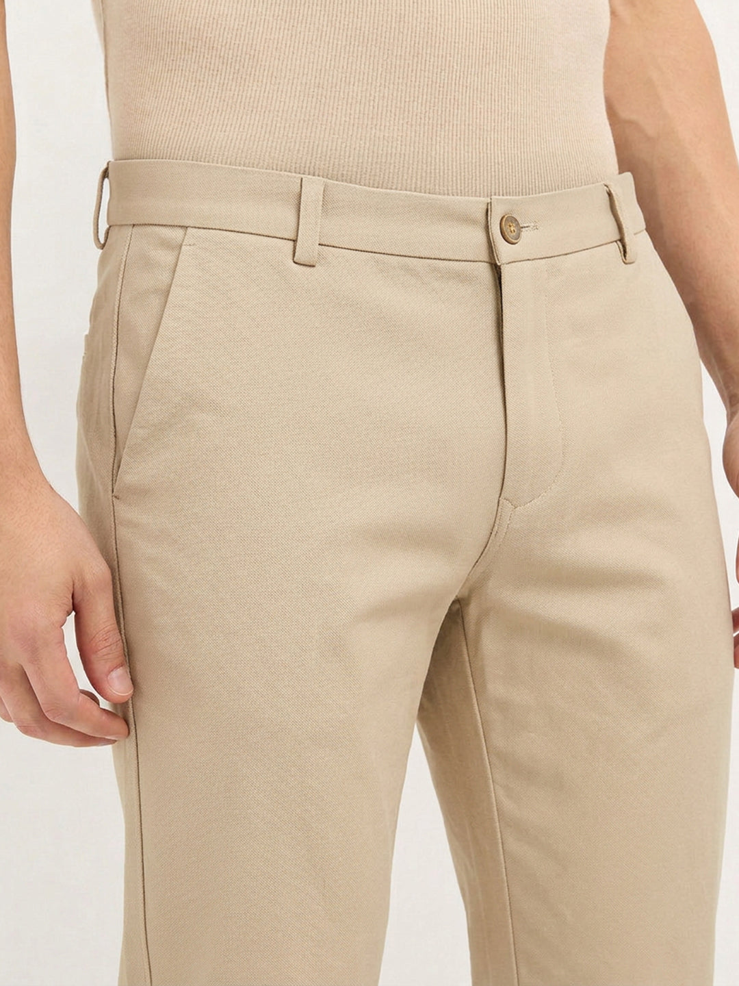 Cream Khaki Solid Casual Trousers