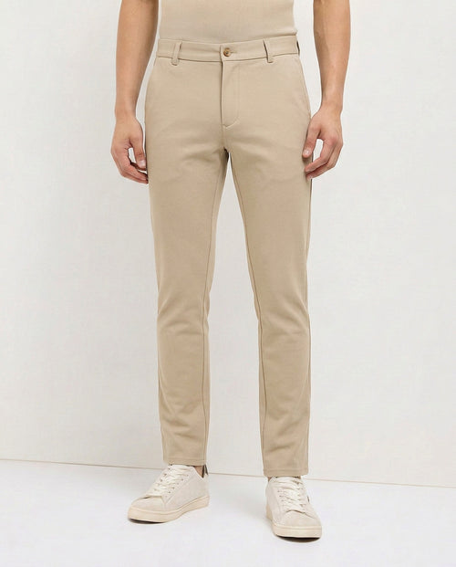 Cream Khaki Solid Casual Trousers