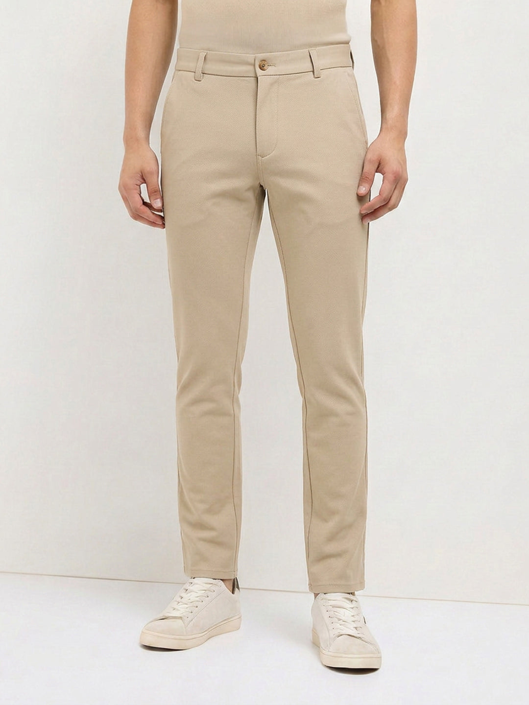 Cream Khaki Solid Casual Trousers