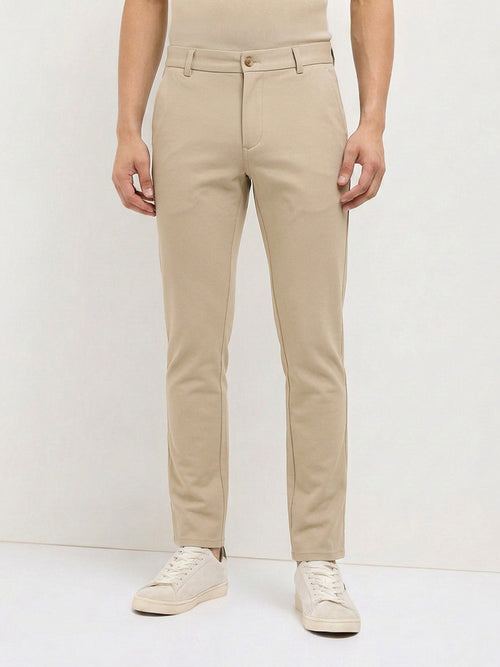 Cream Khaki Solid Casual Trousers
