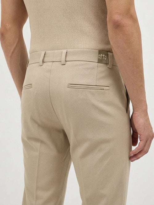 Cream Khaki Solid Casual Trousers