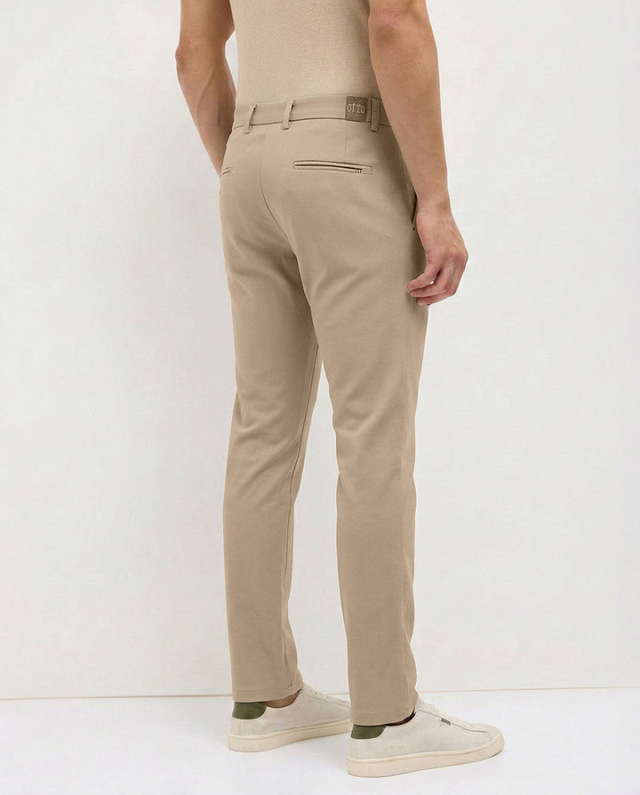 Cream Khaki Solid Casual Trousers