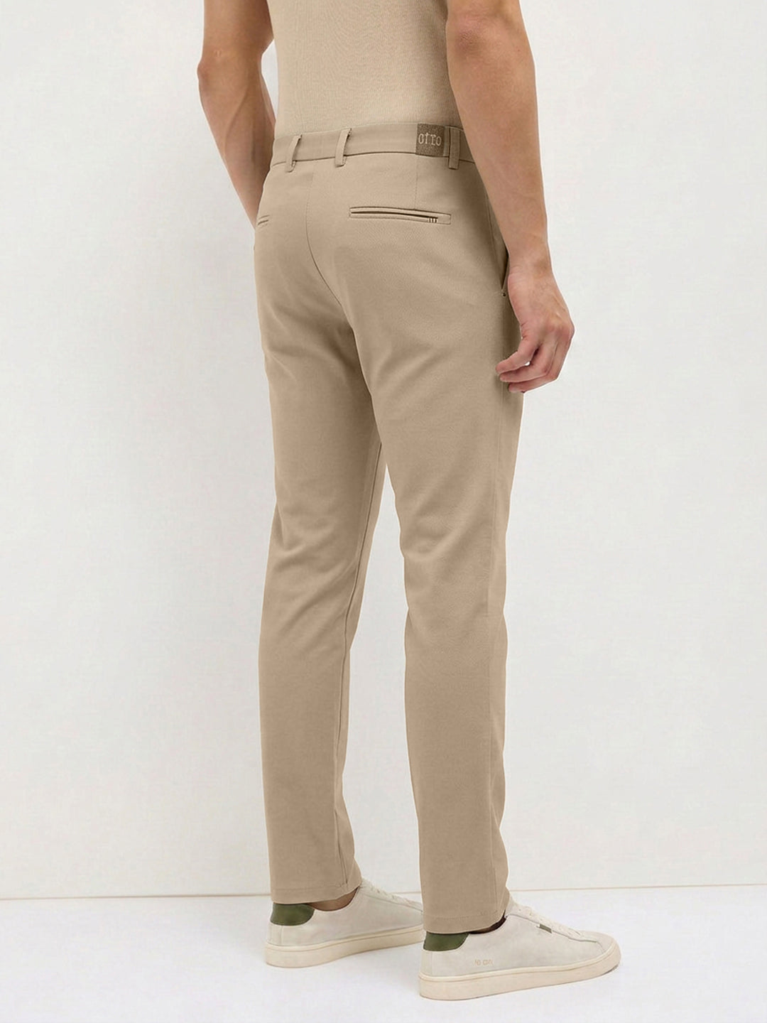 Cream Khaki Solid Casual Trousers