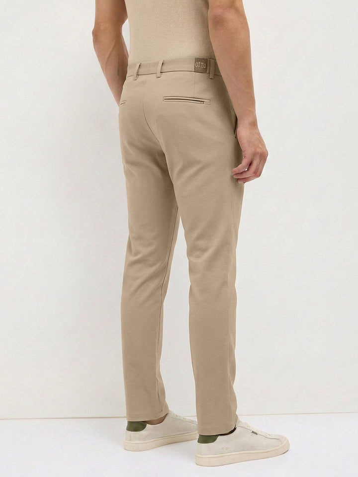 Cream Khaki Solid Casual Trousers