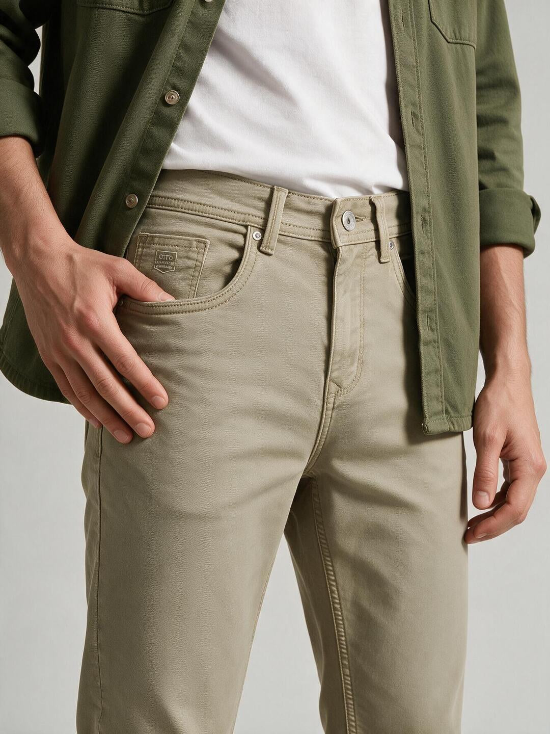 Sandstone Khaki Solid Casual Denim Trousers