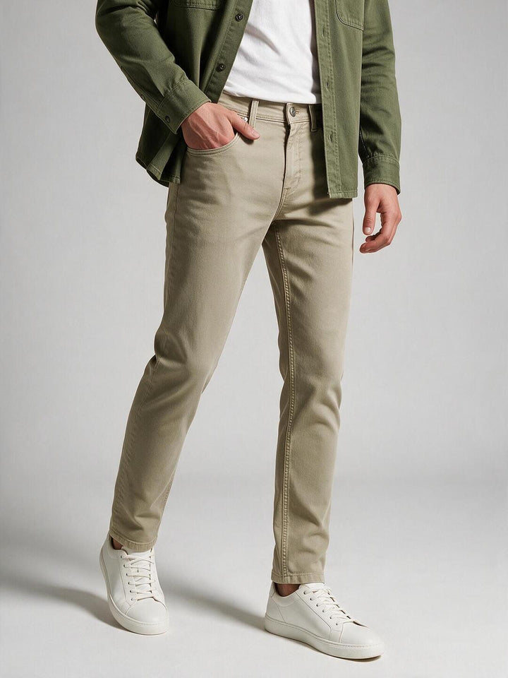 Sandstone Khaki Solid Casual Denim Trousers