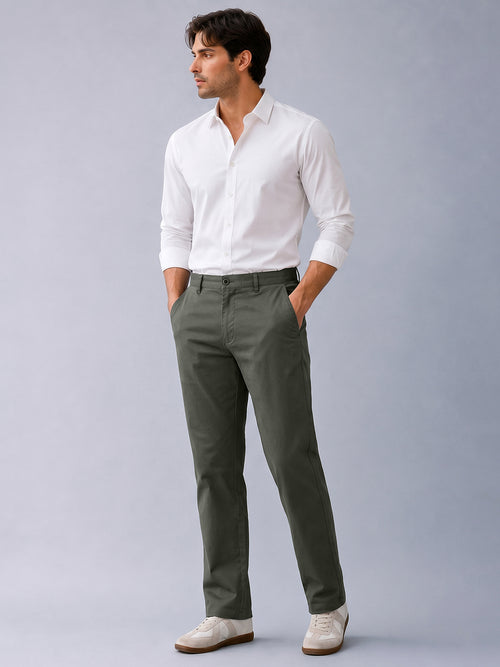 Cement Olive Solid Casual Trousers