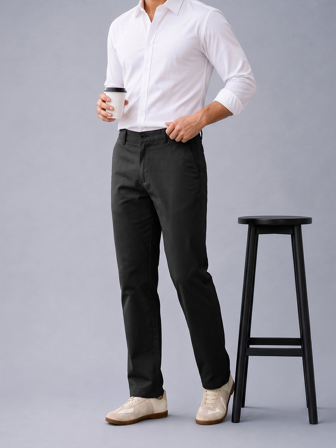 Iron Black Solid Casual Trousers