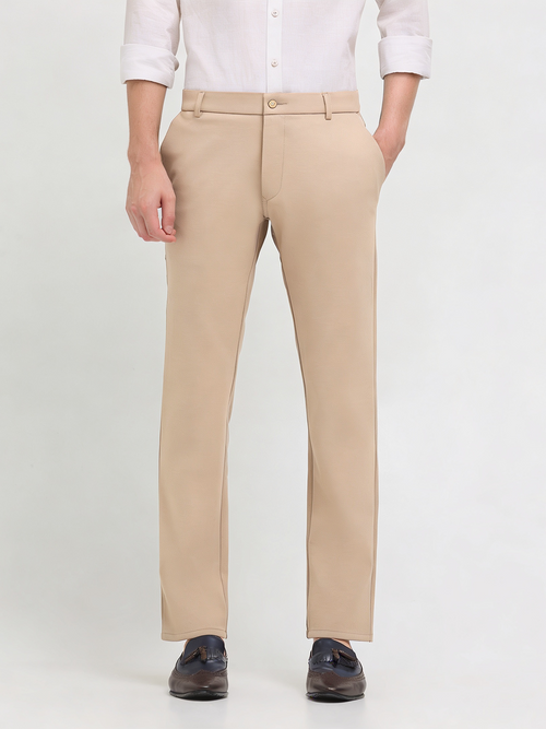 Oat Beige Solid Casual Trousers